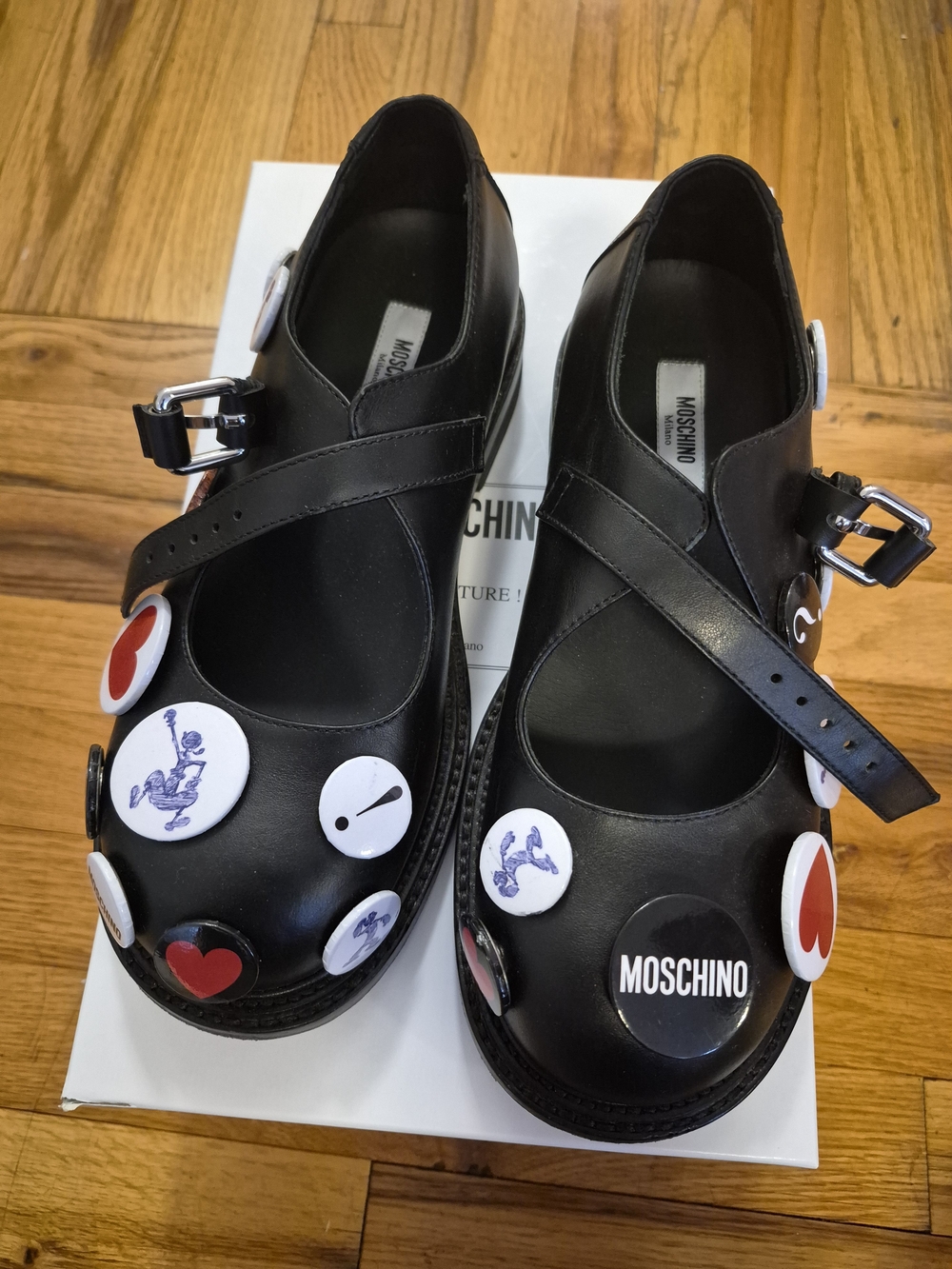 Moschino Black Mary Jane Flats with Decorative Badges